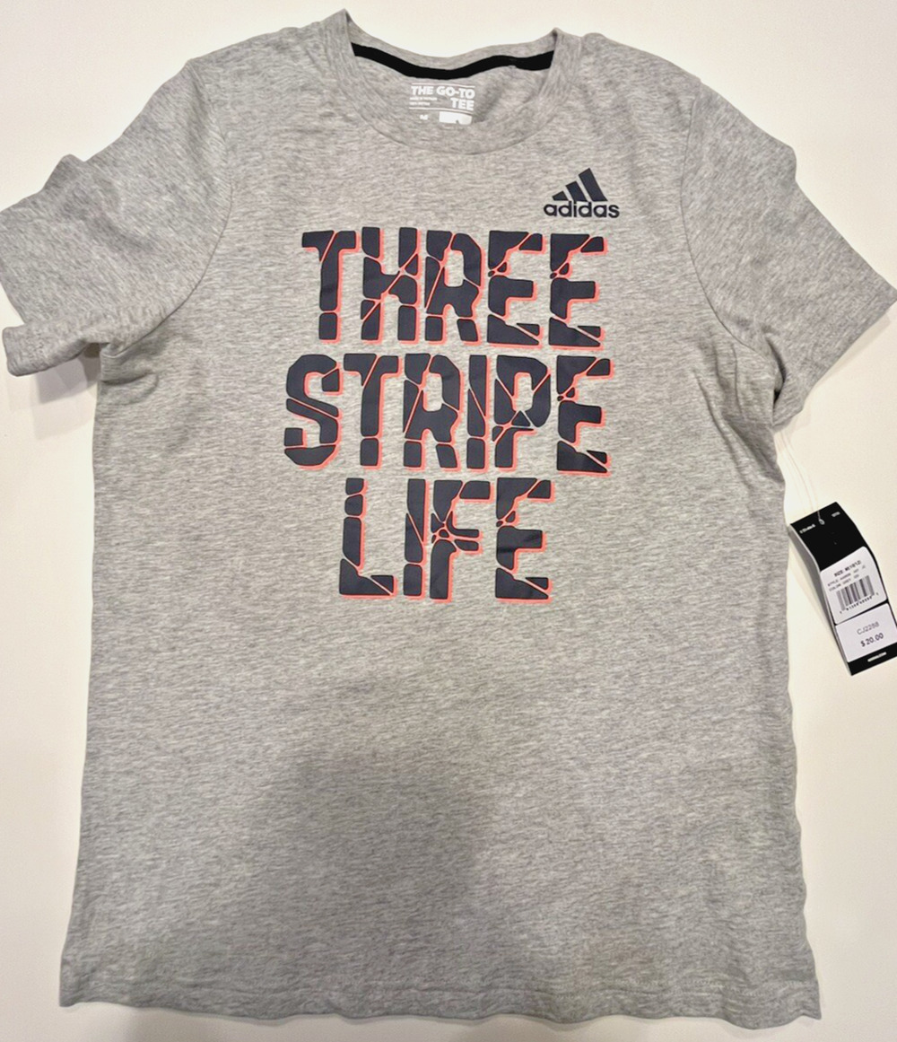 Adidas Boys Medium 10-12 Go-To Tee Gray Three Stripe Life Graphic T-Shirt NWT